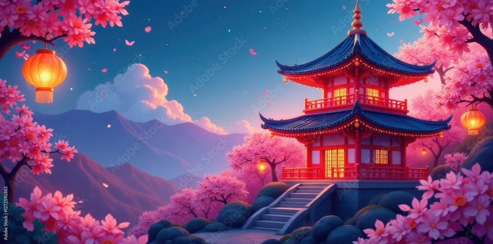 Obraz premium Cartoon pagoda amidst pink blossoms & glowing lanterns , nature, wallpaper