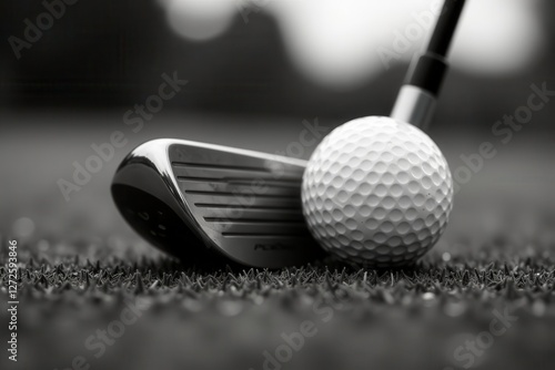Close-up of single golf club & ball; stark black & white , design, sporting goods