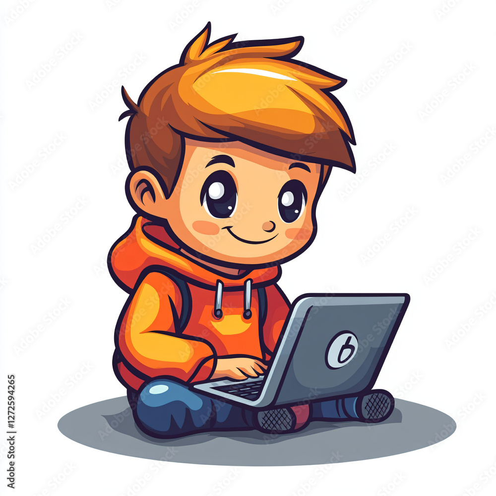 Cartoon Boy Joyfully Using Laptop for Online Learning and Gaming Cartoon Boy Joyfully Using Laptop for Online Learning and Gaming