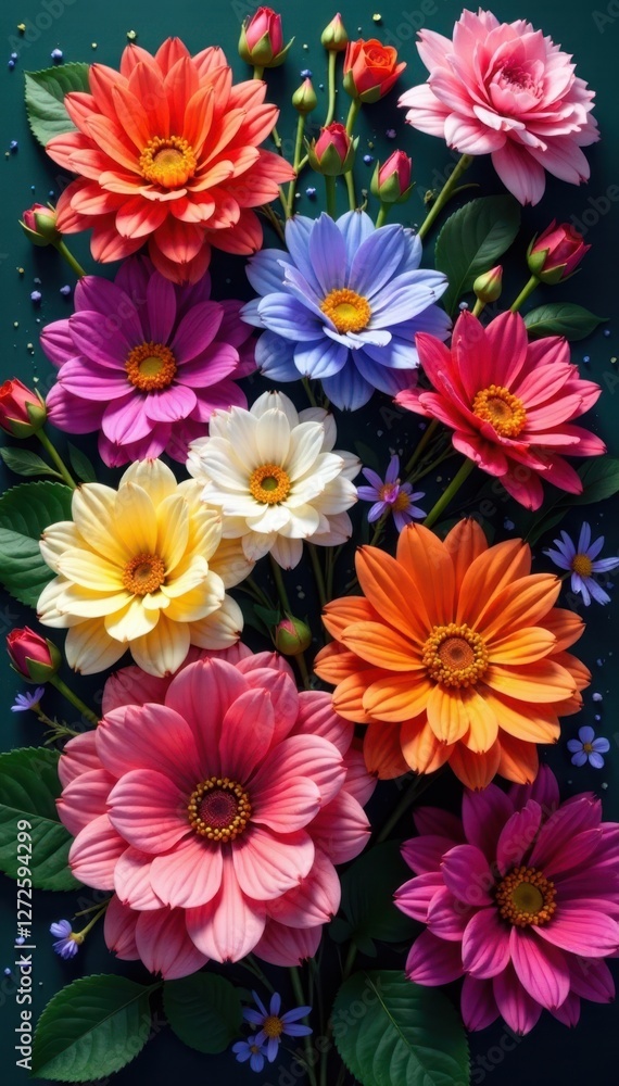 Obraz premium Colorful mixed flower arrangement, vivid hues, full bloom, arrangement, close-up