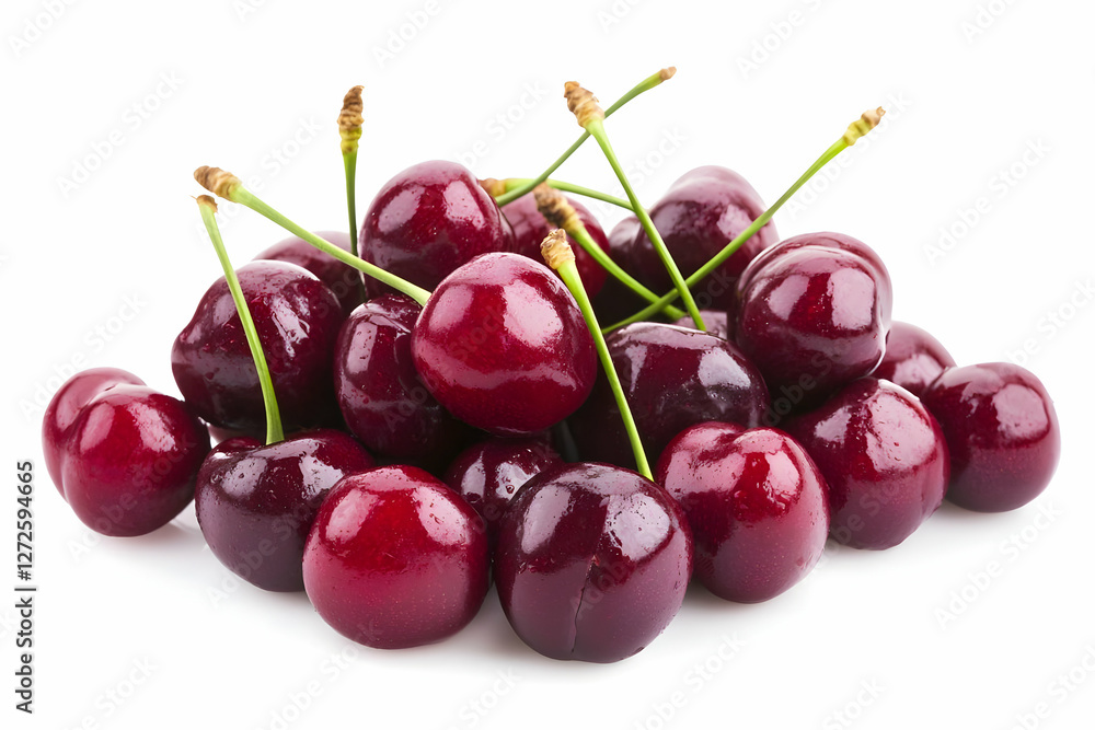 Fresh red cherries pile, white background, food photography, healthy snack Fresh red cherries pile, white background, food photography, healthy snack