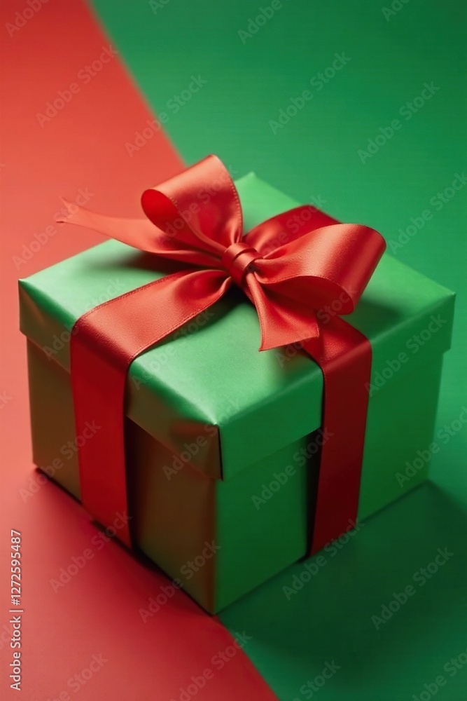 Obraz premium Red and green gift wrap with a bow tied around a gift box, knot, ribbon