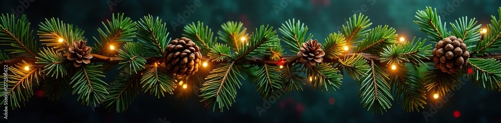 Spruce branches adorned with fairy lights and pinecones, fairy light decoration, holiday decor, festive garland Spruce branches adorned with fairy lights and pinecones, fairy light decoration, holiday decor, festive garland