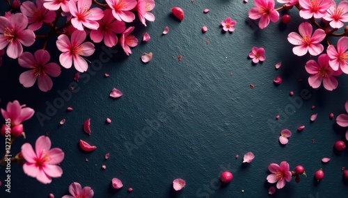Dark grey slate contrasted by vibrant, scattered cherry blossoms; quiet, fresh beginning , artistic, macro, wallpaper
