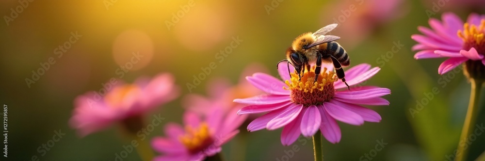 Bee collecting nectar from Autumn aster flowers, bees and flowers, summer, flower Bee collecting nectar from Autumn aster flowers, bees and flowers, summer, flower
