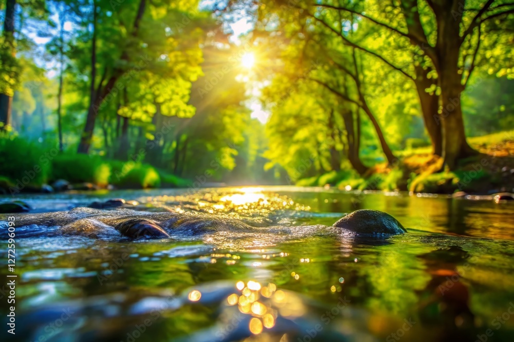 Fototapeta premium Serene River Flowing with Bokeh, Water Stream, Nature Background, Peaceful Landscape, Blurred Background
