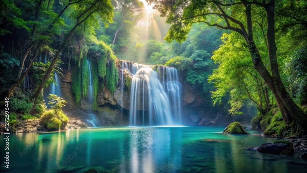 Serene Waterfall Cascading into a Tranquil Emerald Pool, Bathed in Sunlight Filtering Through Lush Green Canopy Serene Waterfall Cascading into a Tranquil Emerald Pool, Bathed in Sunlight Filtering Through Lush Green Canopy