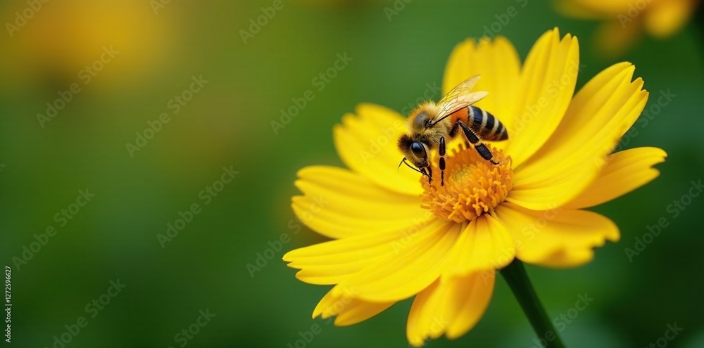 Bee collects pollen from large yellow flower with delicate petals, flower, bee Bee collects pollen from large yellow flower with delicate petals, flower, bee