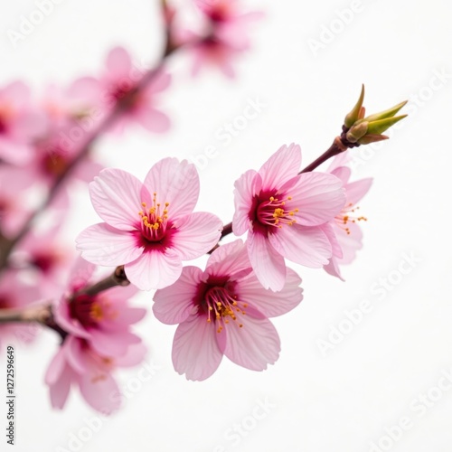 Delicate pink sakura blossoms, isolated on pure white background , cherry blossom, twig, romantic