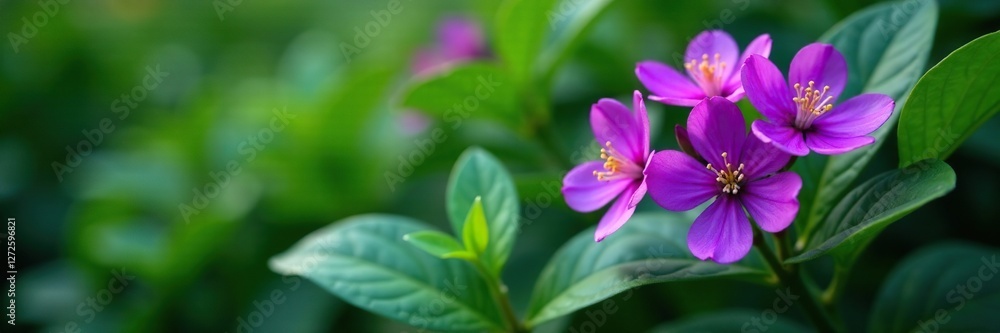 Dark purple blooms surround lush green foliage, botanical, nature Dark purple blooms surround lush green foliage, botanical, nature