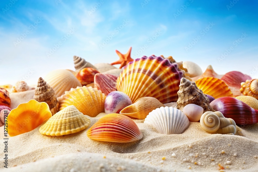 Serene Seashells on Sand: Coastal Beauty Stock Photo Serene Seashells on Sand: Coastal Beauty Stock Photo