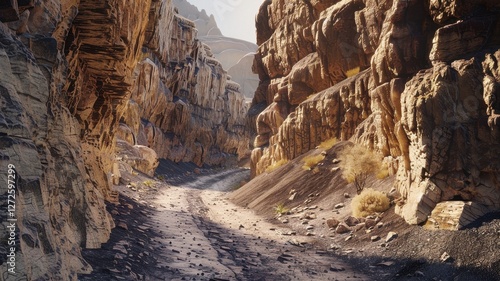 Experience a thrilling journey through a winding track nestled in a steep canyon. This stunning landscape showcases rugged rocks and dramatic geological formations. photo