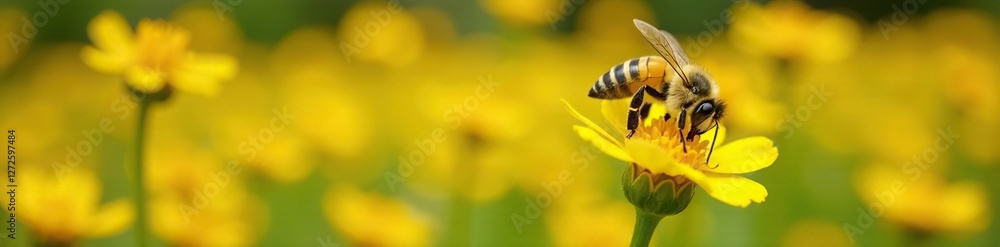 Bee's proboscis collecting nectar from yellow flowers, field, flowers Bee's proboscis collecting nectar from yellow flowers, field, flowers