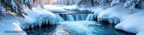 Icy waters cascade over frozen forest terrain, crystal clear water, snow covered trees, cold climate