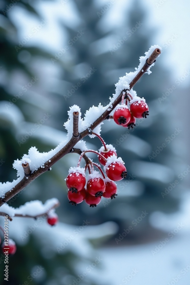 Icy winter scene with frosted red berries on bare branches, icy, evergreen Icy winter scene with frosted red berries on bare branches, icy, evergreen