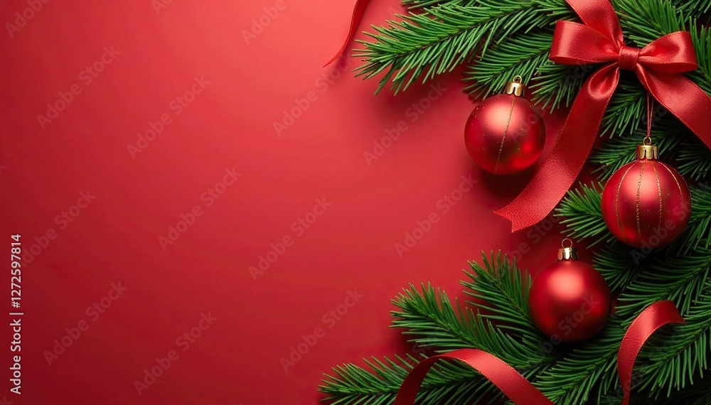 Red and green pine branch arrangement with Christmas ornaments and festive ribbons, red, festive, pine branch Red and green pine branch arrangement with Christmas ornaments and festive ribbons, red, festive, pine branch
