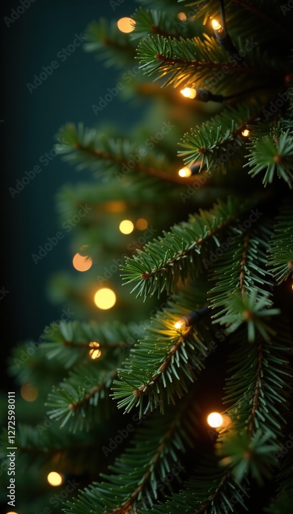 String lights shining through lush green pine garland on a Christmas tree, twinkling lights, holiday tree String lights shining through lush green pine garland on a Christmas tree, twinkling lights, holiday tree
