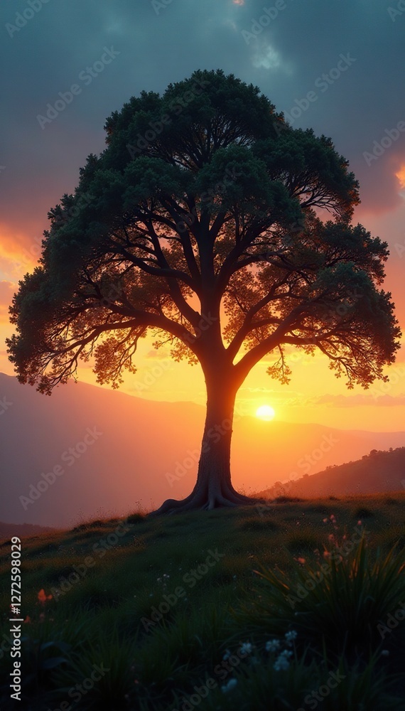 Soft golden glow envelops mystical tree at dusk, soft illumination, mystical tree Soft golden glow envelops mystical tree at dusk, soft illumination, mystical tree