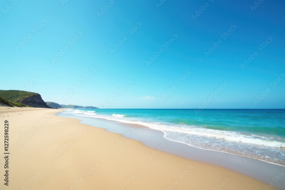 Expansive empty beach, vivid blue sky, gentle waves , sea, vacation, nature