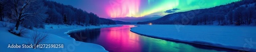 Softly glowing auroral light wraps around icy river bend, cold weather, river curve, nature