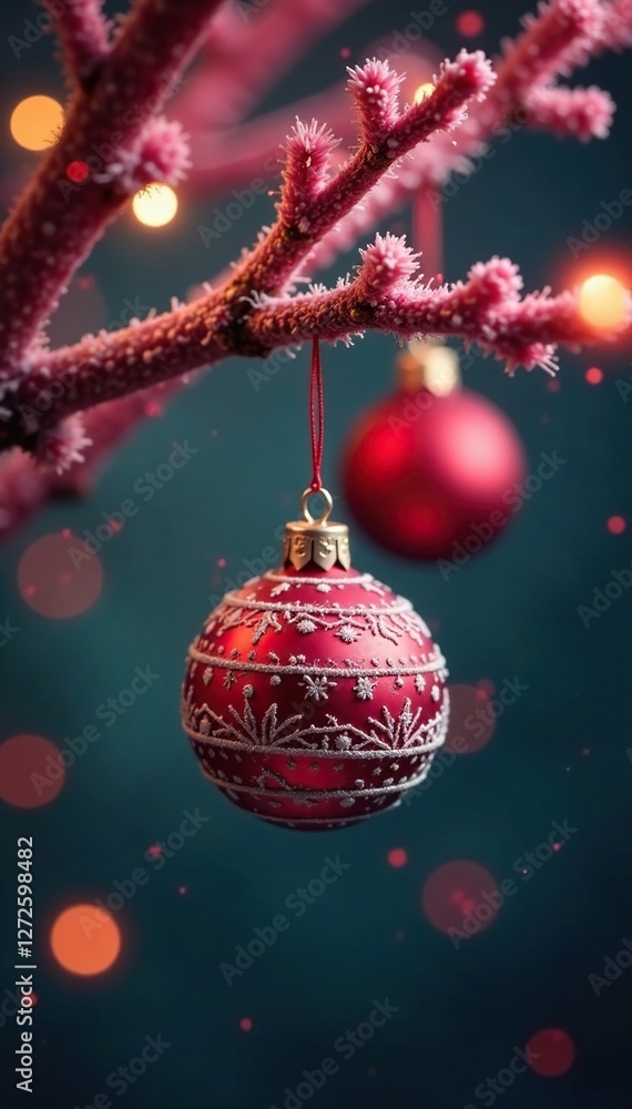 Fototapeta premium Red and white ornaments hanging from a bright pink tree branch, red ornament, tree branch