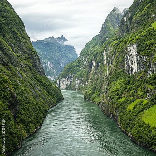 Serene river flowing through lush green mountains under a cloudy sky