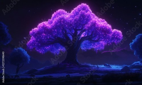 A vibrant, glowing tree stands in a mystical landscape under a starry night sky, casting an enchanting aura photo