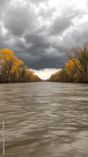 Serene river landscape under dramatic storm clouds with vibrant autumn trees