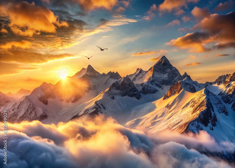 Serene Sunrise: Majestic Mountains with Drifting Smoke - High-Resolution Stock Photo Serene Sunrise: Majestic Mountains with Drifting Smoke - High-Resolution Stock Photo
