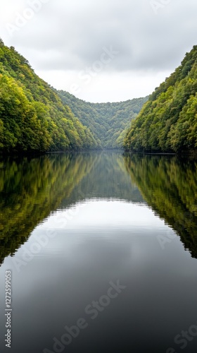 Serene river reflecting lush green mountains under a cloudy sky