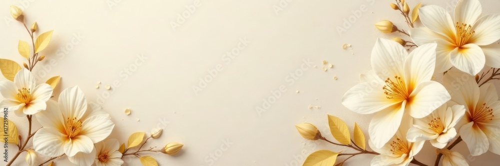 Fototapeta premium Gold & ivory blooms, beige linen background Subtle, luxurious feel , home decor, natural beauty, stock image