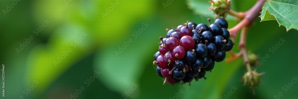 Dark purple blackberry flowers on a thorny stem with leaves, green, wild Dark purple blackberry flowers on a thorny stem with leaves, green, wild