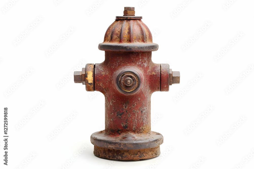 Rusty fire hydrant, city street, white background, safety Rusty fire hydrant, city street, white background, safety