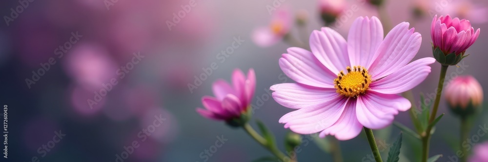 Fototapeta premium Intricate purple and white cosmos arrangement, blurred floral backdrop, soft, flower