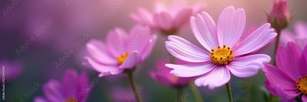 Intricate purple and white cosmos arrangement, blurred floral backdrop, garden, botany, elegant Intricate purple and white cosmos arrangement, blurred floral backdrop, garden, botany, elegant