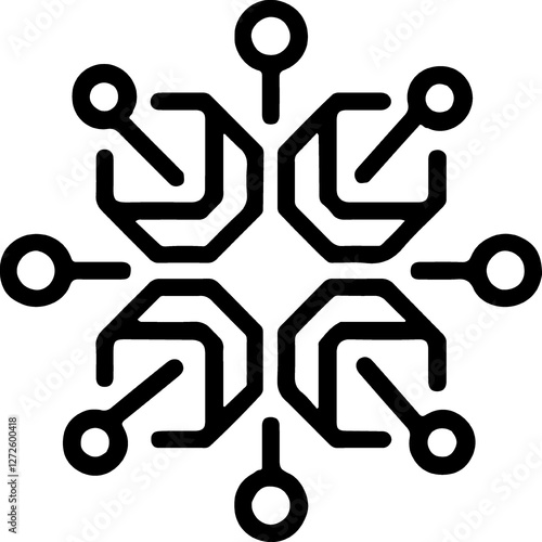 Geometric Tech-Inspired Snowflake Design with Circuit Elements Digital Network, Innovation, and Technology Concept in Black Line Art