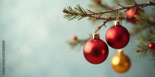 Wallpaper Mural Red and yellow glass balls add a pop of color to a bare Christmas tree branch, decorative accents, monochromatic color scheme, red Torontodigital.ca