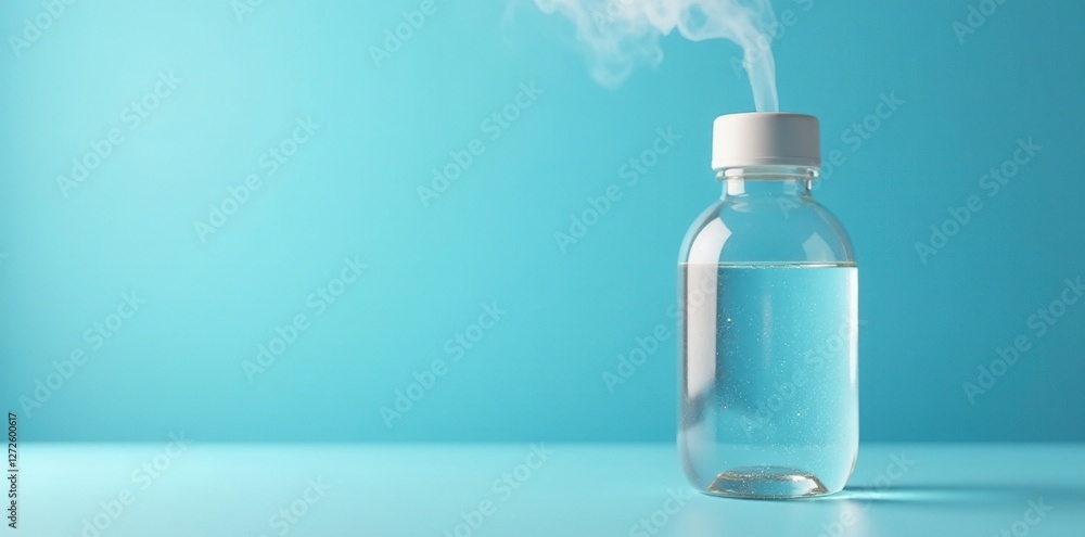 Steam filled hot water bottle on light blue surface, steam, bottle Steam filled hot water bottle on light blue surface, steam, bottle