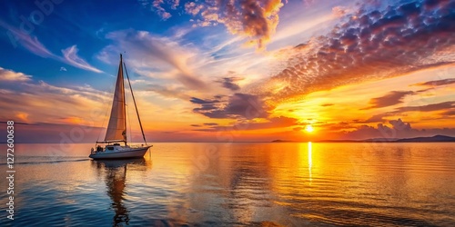 Serene Sunset Sailboat: Calm Sea, Golden Hour, Peaceful Ocean Voyage