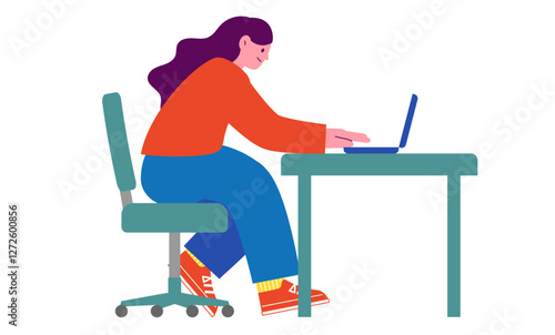 椅子に座ってノートパソコンを操作する女性のベクターフラットイラスト。仕事や勉強、デスクワークをしているイメージ。