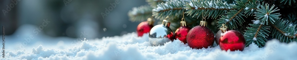 Obraz premium Red and silver Christmas ornaments nestle among the frosty branches of a pine tree on snowy ground, holiday decorations, festive