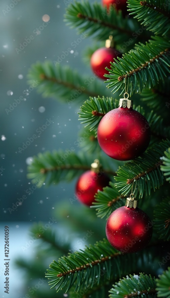 Red and green fir branches with Christmas balls, pine, ornaments, winter Red and green fir branches with Christmas balls, pine, ornaments, winter
