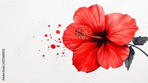 Red Hibiscus Flower Disintegrating Watercolor Painting On White Background