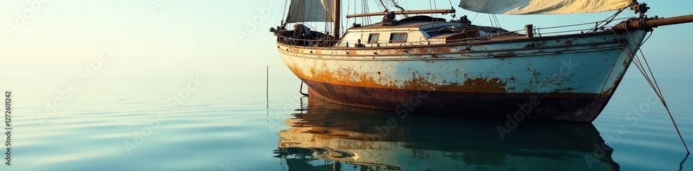 Still water reflected on a worn sailboat's hull, dunkel, ruin, verfall Still water reflected on a worn sailboat's hull, dunkel, ruin, verfall