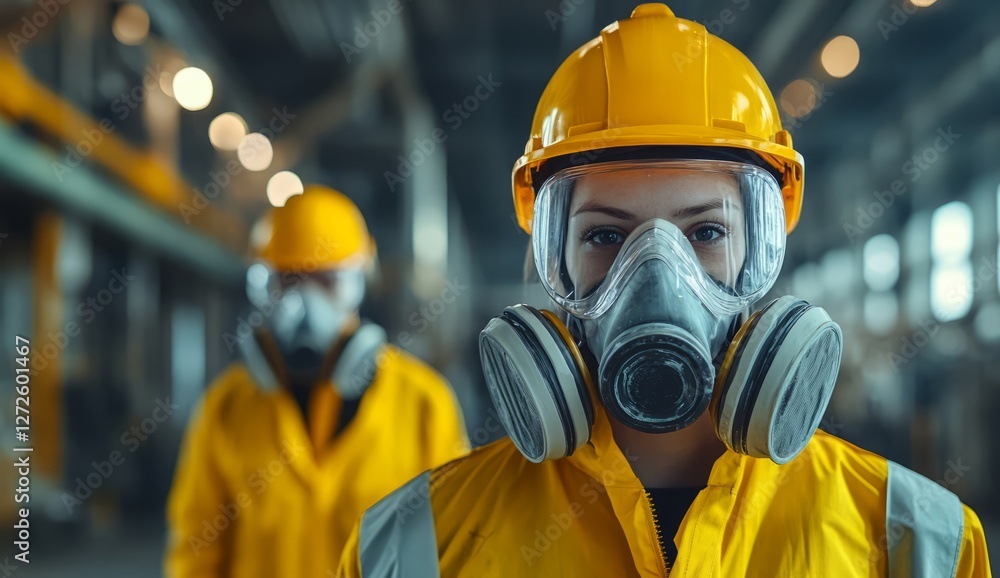 Two engineers in yellow hazmat suits, gas masks inspect fuel leak in industrial warehouse. Wear protective gear. Indoor industrial accident response. Two engineers in yellow hazmat suits, gas masks inspect fuel leak in industrial warehouse. Wear protective gear. Indoor industrial accident response.