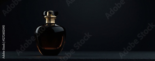 Dark glass bottle with elegant curves and gold accents against a dark background, darkbackground, perfumebottle photo