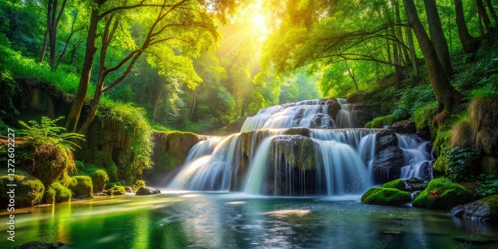 Obraz premium Serene Waterfall Cascade with Bokeh, Lush Green Forest, Nature Photography