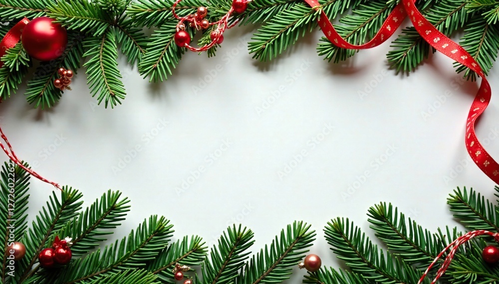 Red and green striped garlands on fir branches, holiday decorations, garland Red and green striped garlands on fir branches, holiday decorations, garland