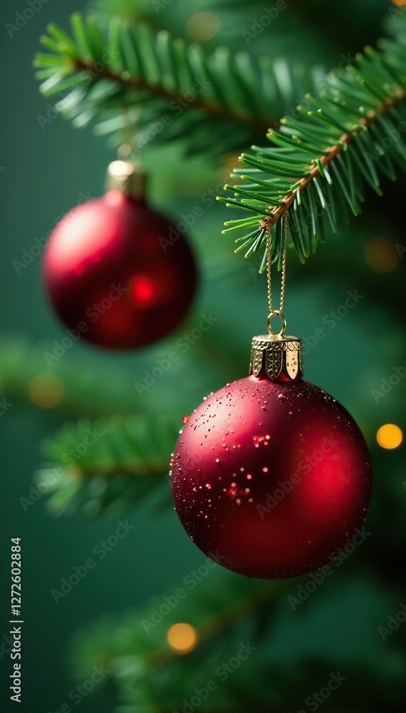 Red and green glass balls hanging from branches of fir tree, glass ball, ornament, Christmas Red and green glass balls hanging from branches of fir tree, glass ball, ornament, Christmas