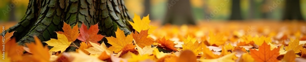 Fallen yellow and orange maple leaves on the ground near a tree trunk, autumn, color, nature Fallen yellow and orange maple leaves on the ground near a tree trunk, autumn, color, nature